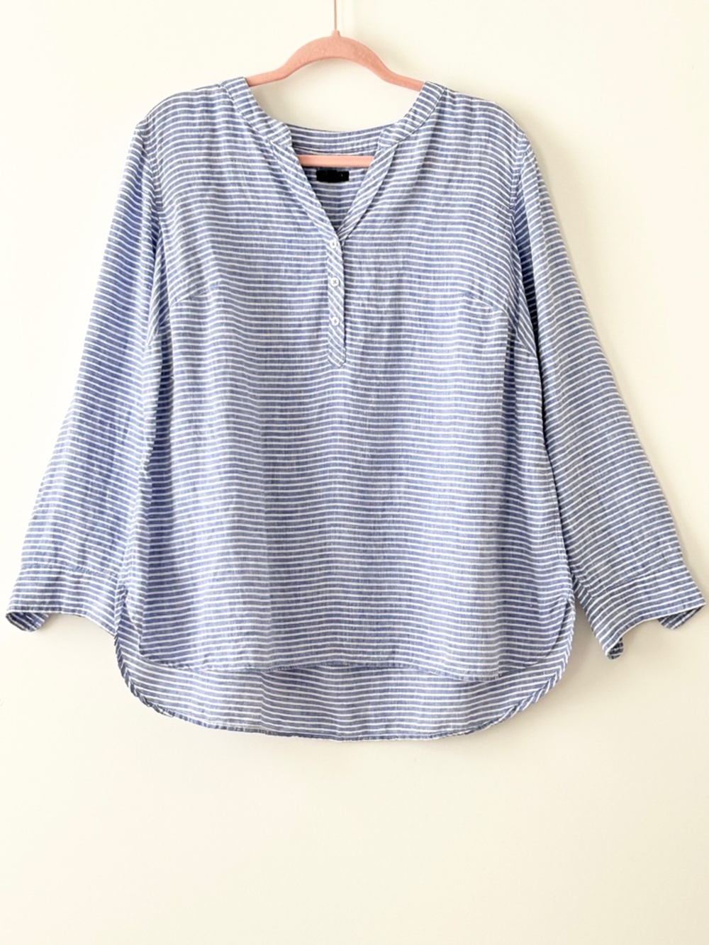 Talbots 100% Linen Blue & White Striped Popover Top